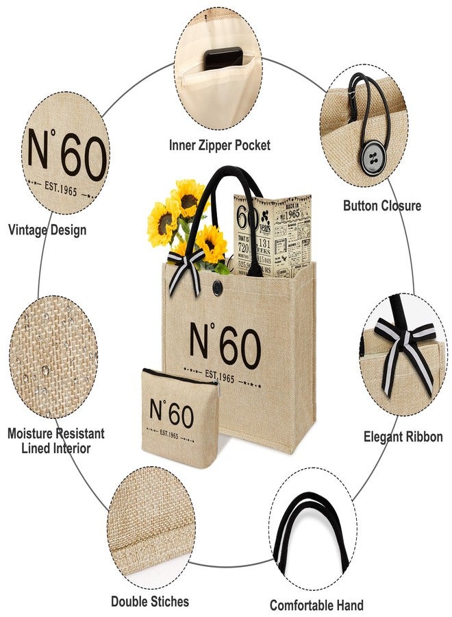 YeohJoy 60th Birthday Gifts for Women Jute Tote Bag, Vintage N°60 Burlap Handbag with Cosmetic Bag and Back in 1965 Poster, Unique 60 Years Old Gifts for Mom Friends Wife Sister Her - Image 2